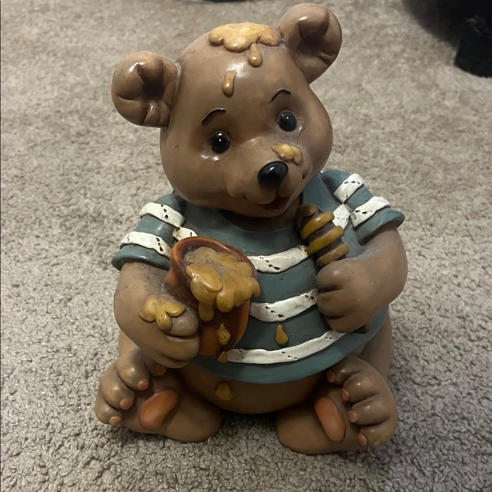 Adorable Brown Bear Figurine with Honey Pot coin bank.